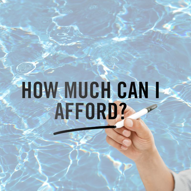 Graphic asking 'HOW MUCH CAN I AFFORD?' over a blue water background, with a hand holding a marker underlining the text (budget/finances context).